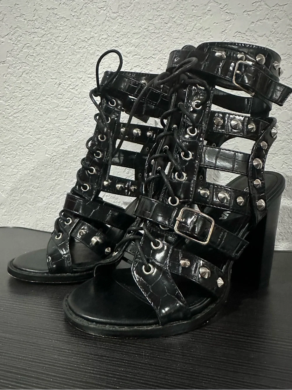 Fashion Nova Black Studded Cage Lace-Up Heels size 7.5
